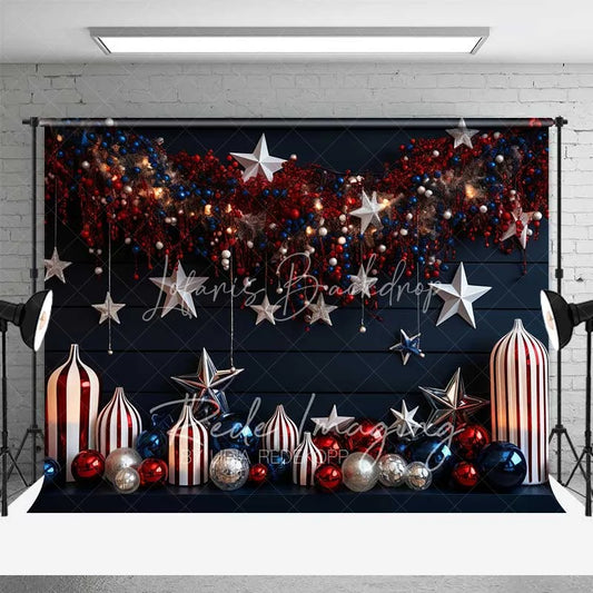Lofaris Navy Blue Holiday Backdrop Hanging Stars Red White Ornaments Striped Vases Photo Background