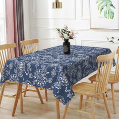 Lofaris Navy Blue Mandala Floral Rectangle Tablecloth White Flower Dining Table Cover for Home Decor