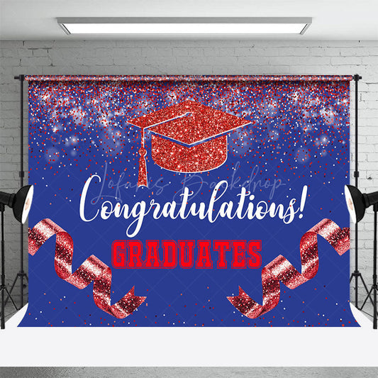 Lofaris Navy Blue Red Glitter Ribbons Congrats Grad Backdrop
