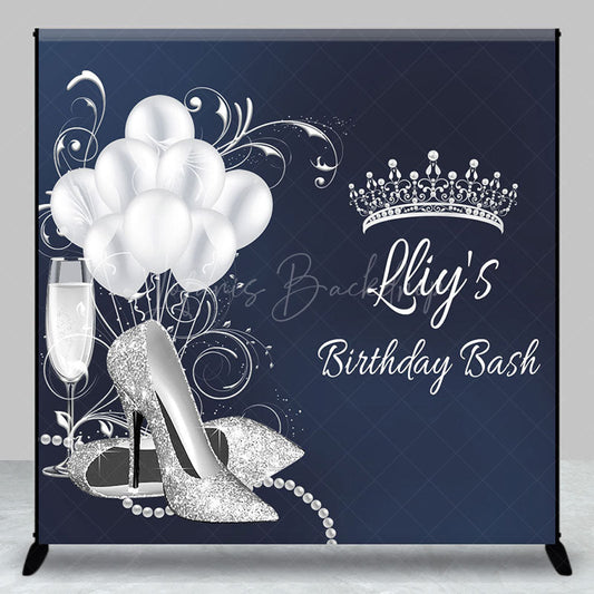 Lofaris Navy Blue Silver Crown Custom Name Birthday Backdrop
