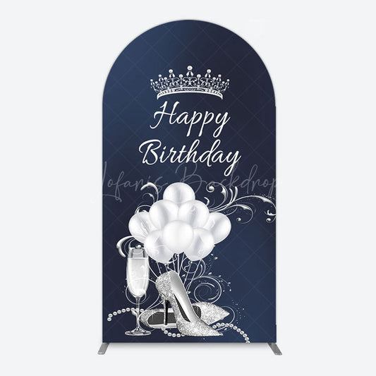 Lofaris Navy Blue Silver Crown Happy Birthday Arch Backdrop