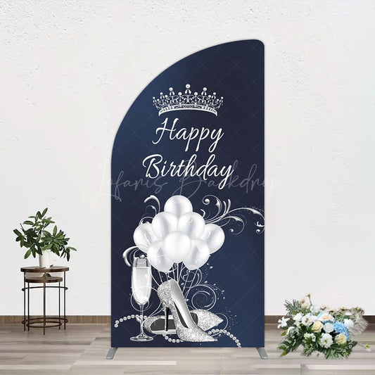 Lofaris Navy Blue Silver Crown Happy Birthday Half Moon Arch Backdrop