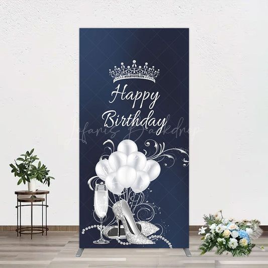 Lofaris Navy Blue Silver Crown Happy Birthday Rectangle Backdrop