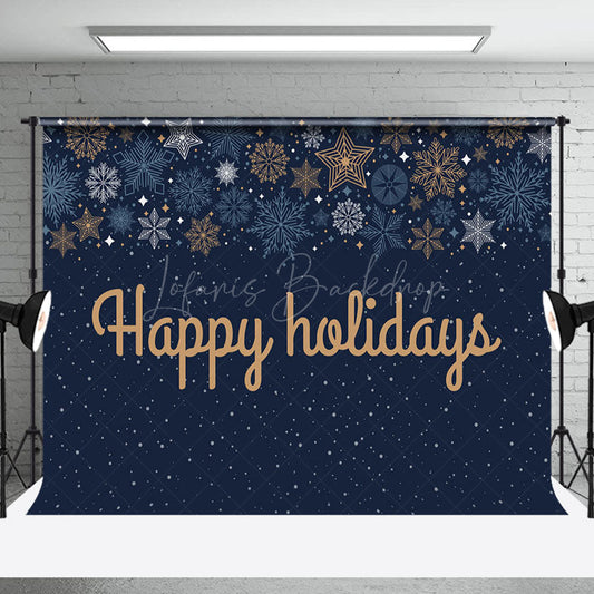 Lofaris Navy Blue Snowflake Gold Happy Holidays Backdrop