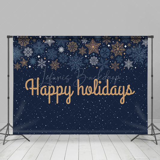 Lofaris Navy Blue Snowflake Gold Happy Holidays Backdrop