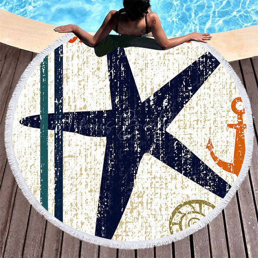 Lofaris Navy Blue Starfish With Anchor Round Beach Towel