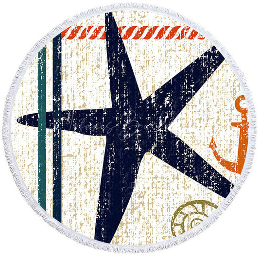 Lofaris Navy Blue Starfish With Anchor Round Beach Towel