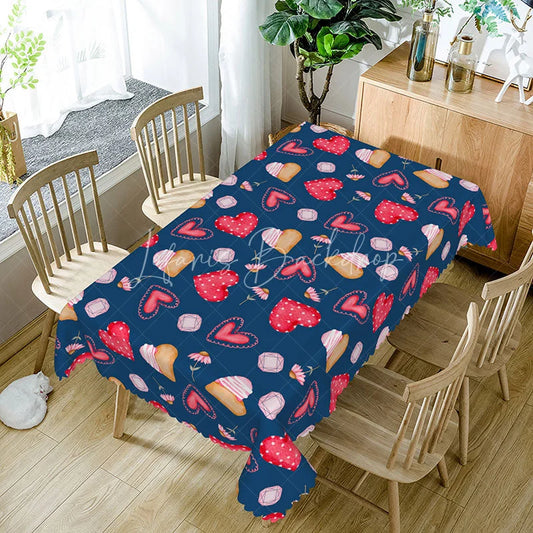 Lofaris Navy Blue Sweet Heart Cake Rectangle Tablecloth Whimsical Dessert Diamond Pattern Valentine Dining Room Decor