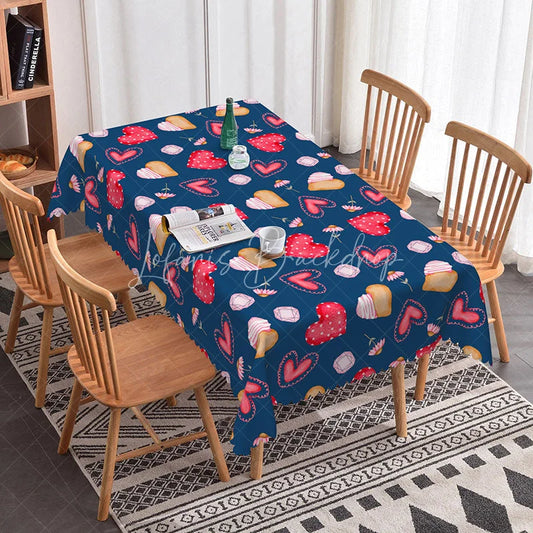 Lofaris Navy Blue Sweet Heart Cake Rectangle Tablecloth Whimsical Dessert Diamond Pattern Valentine Dining Room Decor