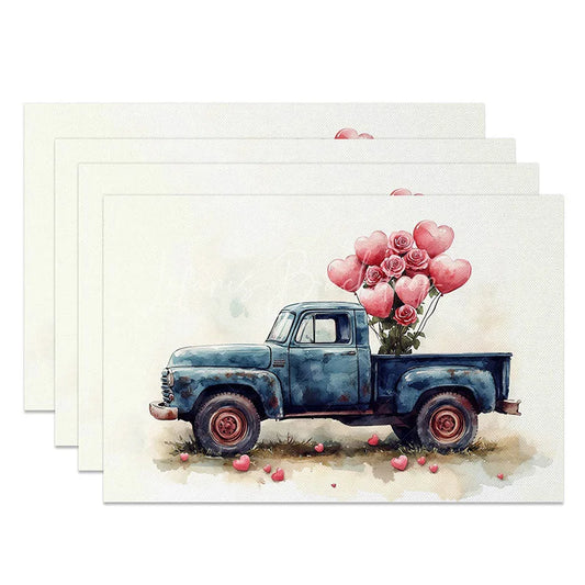 Lofaris Navy Blue Truck Rose Heart Set of 4 Placemats Romantic Balloon Valentine Decoration Watercolor Farmhouse Table Mat