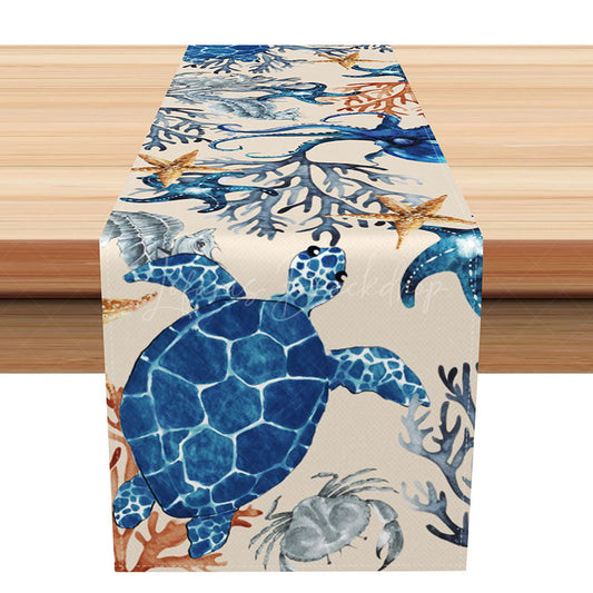 Lofaris Navy Blue Under the Sea Table Runner Turtle and Coral Ocean Life Nautical Beach House Kitchen Decor