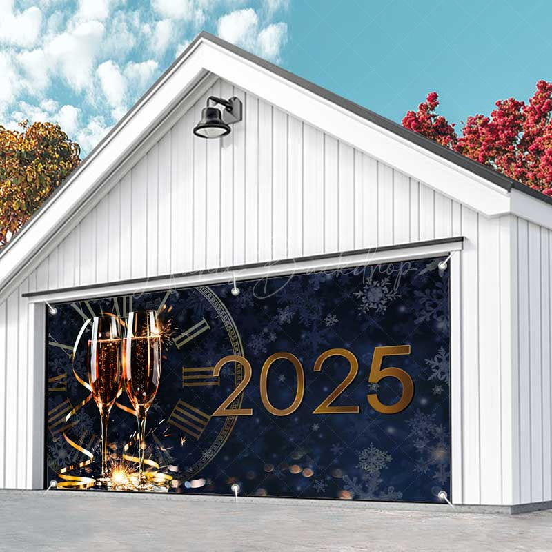 Lofaris Navy Clock Champagne 2025 New Year Garage Door Banner