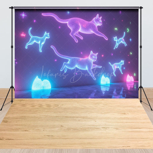 Lofaris Neon Cats Wall Wooden Floor Photo Combo Set Backdrop