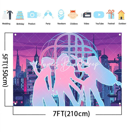 Lofaris Neon Cyberpunk City Backdrop Pop Star Girls Futuristic Skyline Purple Pink Blue Music Party Decoration