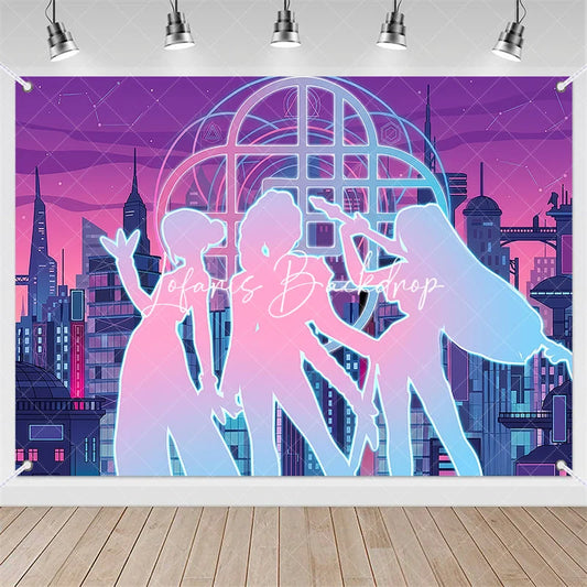 Lofaris Neon Cyberpunk City Backdrop Pop Star Girls Futuristic Skyline Purple Pink Blue Music Party Decoration
