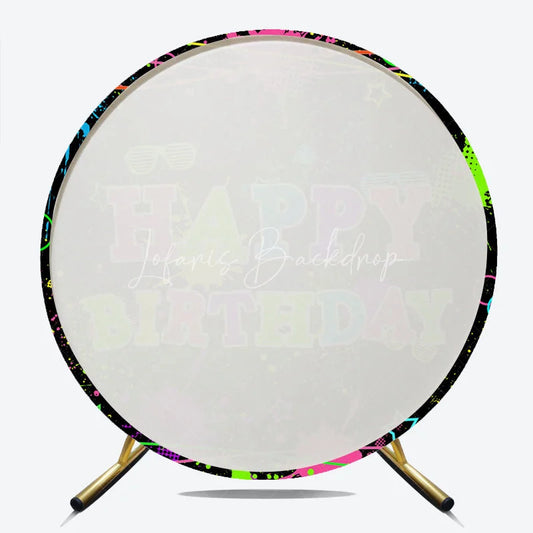 Lofaris Neon Glow Party Happy Birthday Round Backdrop 80s 90s Colorful Paint Splatter Blacklight Themed Photo Booth