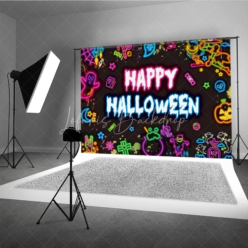 Lofaris Neon Happy Halloween Backdrop for Glow in the Dark Party 80s Retro with Skulls Ghosts and Pumpkins Decor