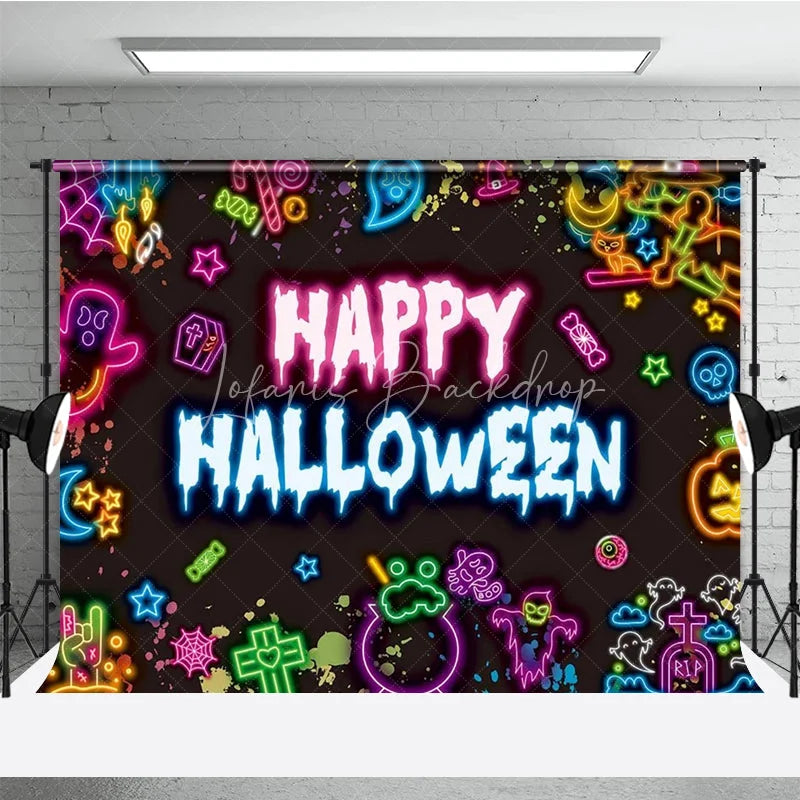 Lofaris Neon Happy Halloween Backdrop for Glow in the Dark Party 80s Retro with Skulls Ghosts and Pumpkins Decor