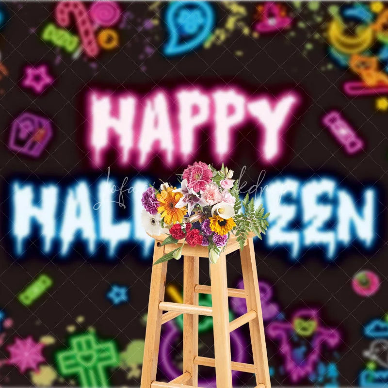 Lofaris Neon Happy Halloween Backdrop for Glow in the Dark Party 80s Retro with Skulls Ghosts and Pumpkins Decor