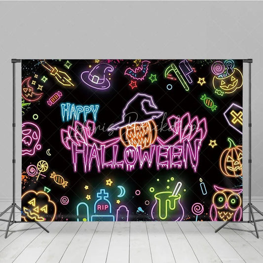 Lofaris Neon Happy Halloween Backdrop for Glow in the Dark Party Blacklight with Witch Hat Pumpkin and Ghost Decor
