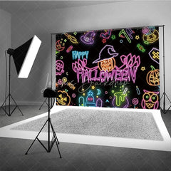 Lofaris Neon Happy Halloween Backdrop for Glow in the Dark Party Blacklight with Witch Hat Pumpkin and Ghost Decor