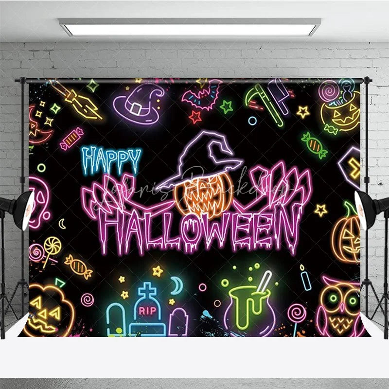 Lofaris Neon Happy Halloween Backdrop for Glow in the Dark Party Blacklight with Witch Hat Pumpkin and Ghost Decor