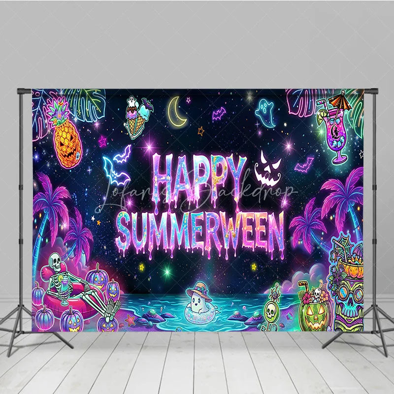 Neon Happy Summerween Holiday Backdrop, Spooky Tropical Beach Party ...
