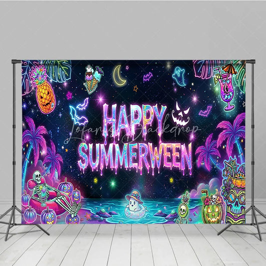 Lofaris Neon Happy Summerween Holiday Backdrop Spooky Tropical Beach Party Decor with Skeletons and Ghosts