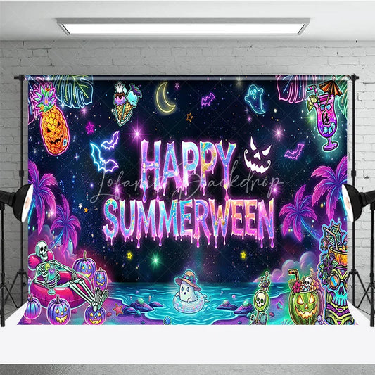 Lofaris Neon Happy Summerween Holiday Backdrop Spooky Tropical Beach Party Decor with Skeletons and Ghosts