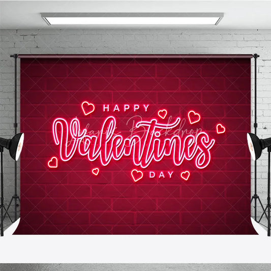 Lofaris Neon Happy Valentines Day Backdrop Red Brick Wall Glowing Hearts Background Romantic Love Photography Party Decoration