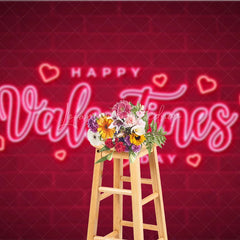 Lofaris Neon Happy Valentines Day Backdrop Red Brick Wall Glowing Hearts Background Romantic Love Photography Party Decoration