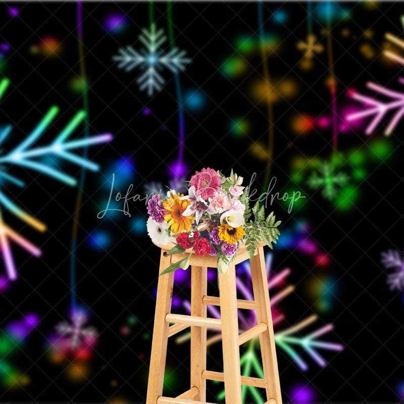Lofaris Neon Snowflake Christmas Backdrop Glowing Rainbow Lights Black Background Winter Holiday Party Decor