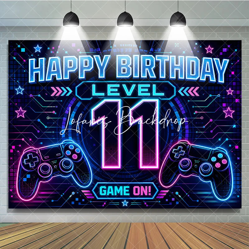 Lofaris Neon Video Game Level 11 Happy Birthday Backdrop Glowing Gamer Controller Theme Party Decoration Banner