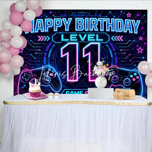 Lofaris Neon Video Game Level 11 Happy Birthday Backdrop Glowing Gamer Controller Theme Party Decoration Banner