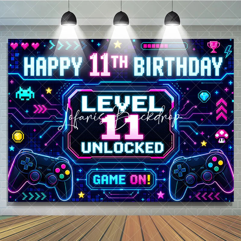 Lofaris Neon Video Game Level 11 Unlocked Happy 11th Birthday Backdrop Retro Pixel Gamer Theme Party Decoration