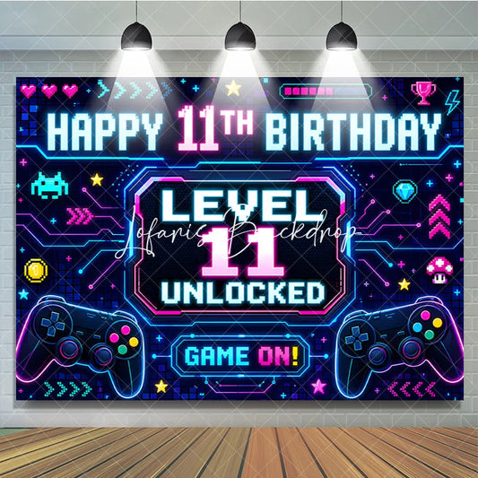 Lofaris Neon Video Game Level 11 Unlocked Happy 11th Birthday Backdrop Retro Pixel Gamer Theme Party Decoration