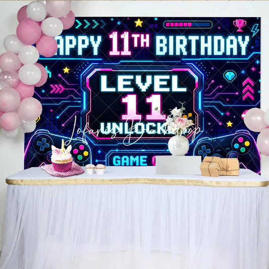 Lofaris Neon Video Game Level 11 Unlocked Happy 11th Birthday Backdrop Retro Pixel Gamer Theme Party Decoration