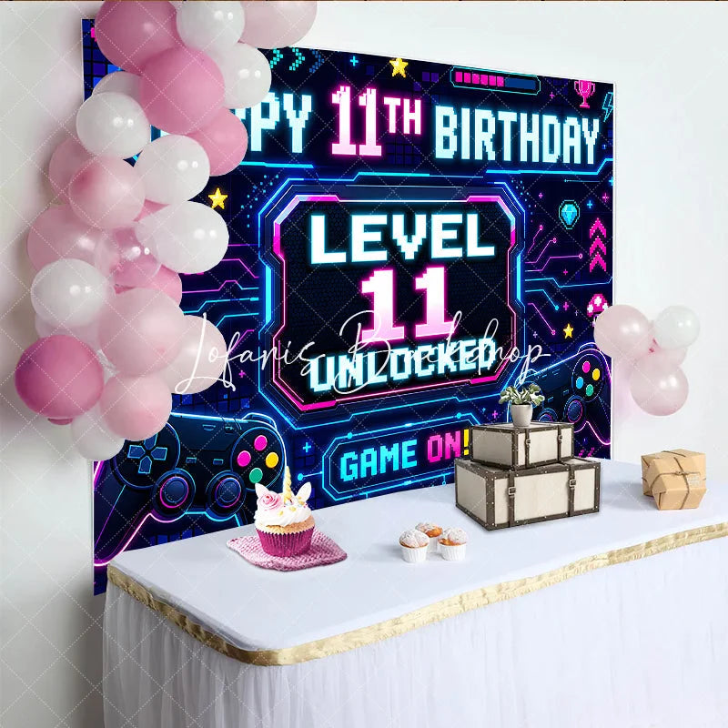 Lofaris Neon Video Game Level 11 Unlocked Happy 11th Birthday Backdrop Retro Pixel Gamer Theme Party Decoration