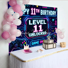 Lofaris Neon Video Game Level 11 Unlocked Happy 11th Birthday Backdrop Retro Pixel Gamer Theme Party Decoration