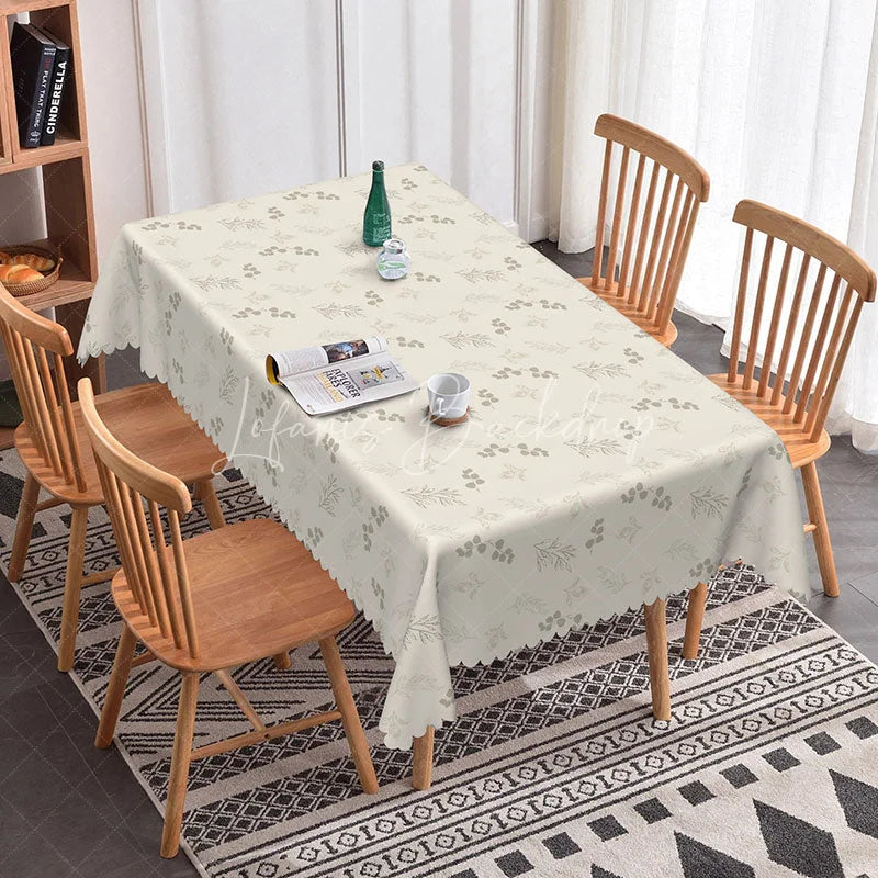 Lofaris Neutral Beige Botanical Rectangle Tablecloth Simple Farmhouse Style with Grey Leaf Embroidery Print Decor