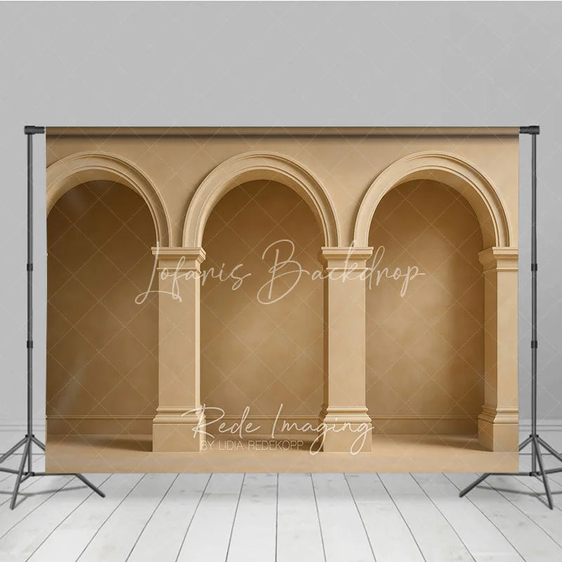 Lofaris Neutral Beige Textured Wall Photography Backdrop with Classical Arches and Columns Elegant Architectural Design