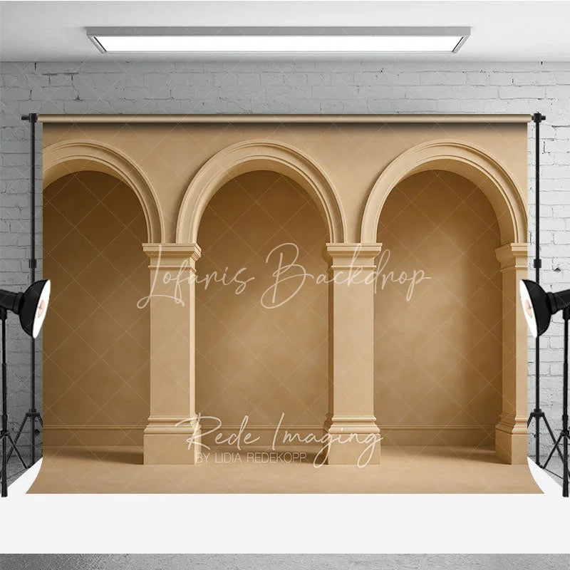 Lofaris Neutral Beige Textured Wall Photography Backdrop with Classical Arches and Columns Elegant Architectural Design