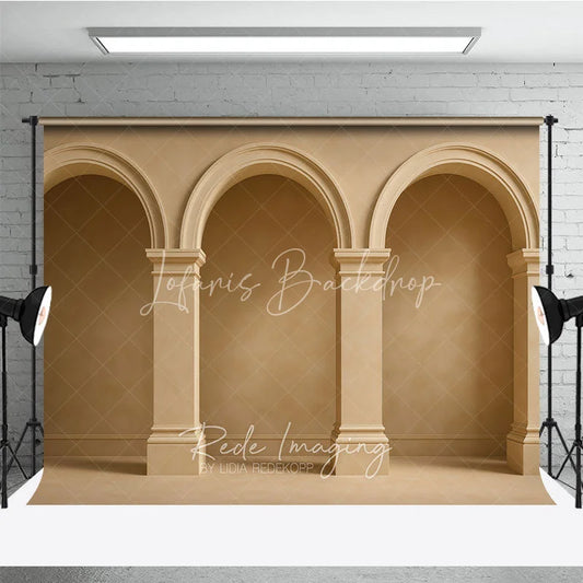 Lofaris Neutral Beige Textured Wall Photography Backdrop with Classical Arches and Columns Elegant Architectural Design