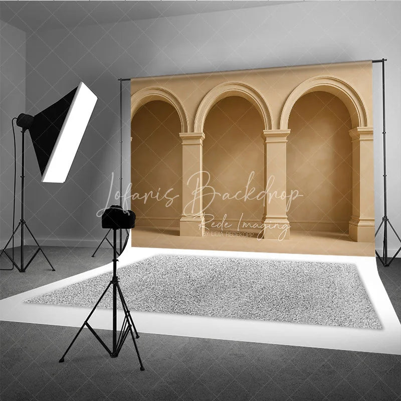 Lofaris Neutral Beige Textured Wall Photography Backdrop with Classical Arches and Columns Elegant Architectural Design