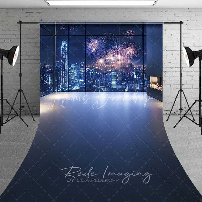 Lofaris New Year City Skyline Sweep Backdrop Night Fireworks Window View Photography Floor Mat Celebration Party Decoration
