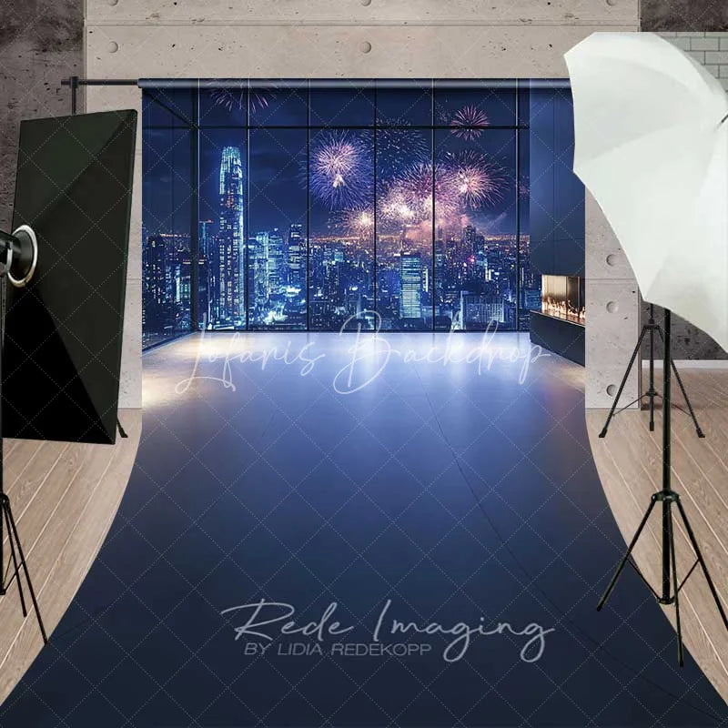 Lofaris New Year City Skyline Sweep Backdrop Night Fireworks Window View Photography Floor Mat Celebration Party Decoration