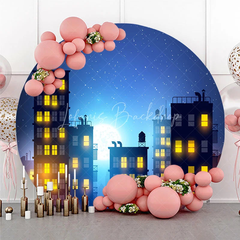 Lofaris Night City Skyline Round Backdrop with Starry Sky and Full Moon Glowing Windows Urban Scene Decor