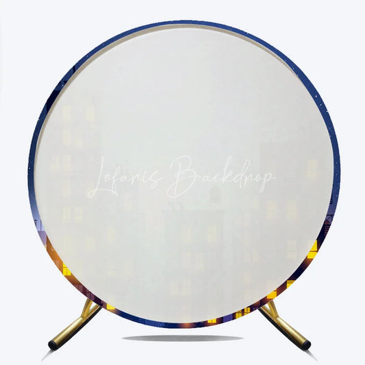 Lofaris Night City Skyline Round Backdrop with Starry Sky and Full Moon Glowing Windows Urban Scene Decor