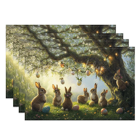 Lofaris Night Garden Bunny Set of 4 Placemats Rabbits with String Lights Enchanted Easter Holiday Table Mats