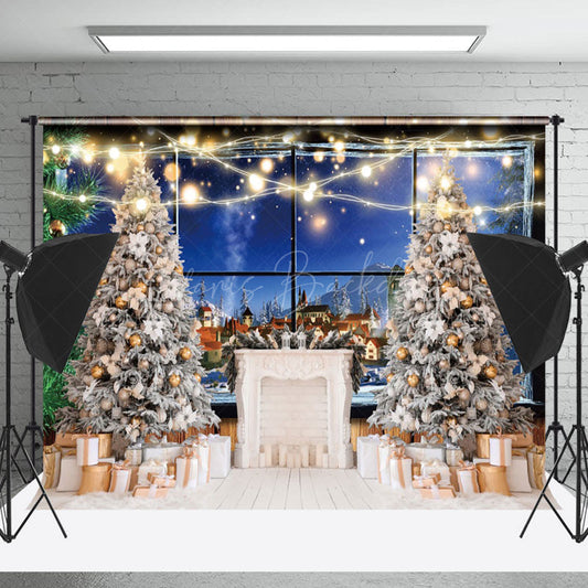 Lofaris Night Town Fireplace Tree Window Christmas Backdrop